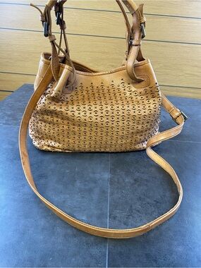 Platania Italian Tan Leather Studded Tote, Slouchy, Hobo Bag-CLEAN